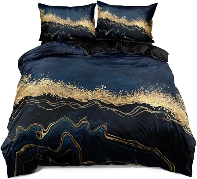 Dark Blue Marble Duvet Cover Set King Size Golden foil Bedding Comforter Covers Marbling Bed Set with 2 Pillow Shams Breathable Durable Soft Comfy