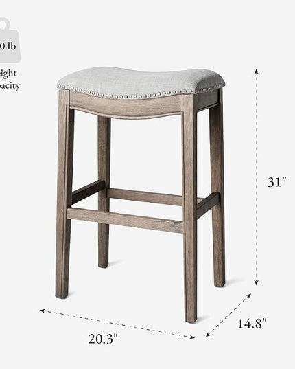 Maven Lane Adrien Backless Bar Stool – 31 Inch Saddle Seat with Footrest – Grey Solid Wood Frame & Grey Fabric Upholstery – Ideal for Bars, Pub Tables & Tall Kitchen Counters