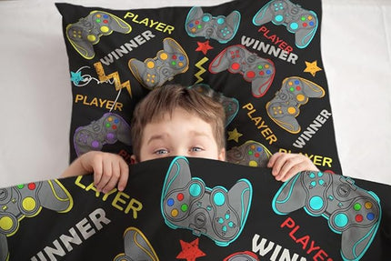 Sunnycitron Gaming Bedding Set Twin Comforter Set for Boys Gaming Comforter for Kids Teen Gaming Bed Video Games Quilt Game Home Decor (1 Comforter with 2 Pillowcase)