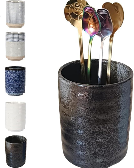 Stoneware Coffee Bar Utensil Holder Tea & Coffee Spoon & Stirrer Holder for Stir Stick Straw Teaspoon Holder Spoon Cup Small Utensil Jar (Retro Black)