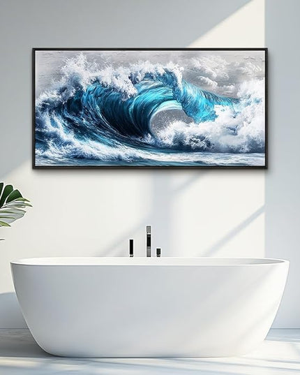 PHAOHUAXM Blue Wave lPaintings Wall Art For Living Room Wall Decor For Bedroom Ocean Inspiration Wall Pictures Office Decor Posters Modern Printing Canvas Artwork Home Decor Black Framed 20x40 In