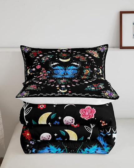Sun and Moon Kids Comforter Set Full Size,Starry Sky Galaxy Planet Trippy Bedding Set,Boys Girls Adults Room Decor,Butterfly Flowers Boho Exotic Down Comforter,Colorful Duvet Insert,2 Pillowcases