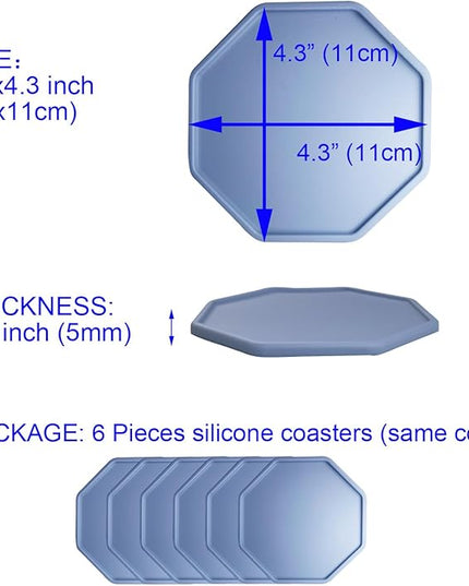 6 Pieces Silicone Coasters, Octagon Shape Hot Cup Mat for Drinks, Heat Resistant Glass Cushion, Coffee Coaster for Table, Desk, Kitchen, Office, Bar Protection (Blue)