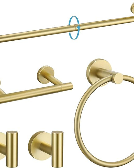 TURS Brushed Gold 5 Piece Bathroom Hardware Set, SUS304 Stainless Steel Bath Towel Bar Set, 23.6 Inch Round Bathroom Accessories Kit Wall Mounted
