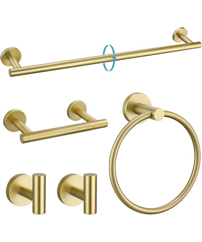 TURS Brushed Gold 5 Piece Bathroom Hardware Set, SUS304 Stainless Steel Bath Towel Bar Set, 23.6 Inch Round Bathroom Accessories Kit Wall Mounted