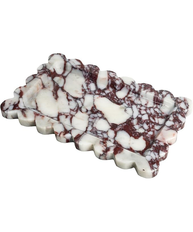 Natural 100% Marble Vanity Tray Luxury Scalloped Marble Storage Square Rectangle Tray for Home Decor Stone Tray for Bathroom Kitchen Candle Key (Rectangle-11.8 * 7.4-Calacatta Viola)