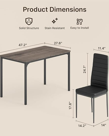 Gizoon Dining Table Set for 4, Kitchen Table Chairs Set of 4, 5 Piece Kitchen Table Set with 4 Upholstered PU Leather Chairs for Dining Room, Living Room, Apartment, Small Space, Grey