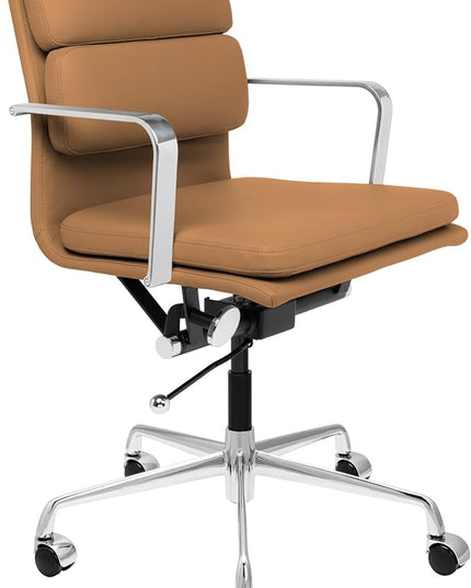 Laura Davidson Furniture SOHO II Padded Management Office Chair - Mid Back Desk Chair with Arm Rest, Swivel & Cushion Availability, Made of Faux Leather, Tan, Computer Chair
