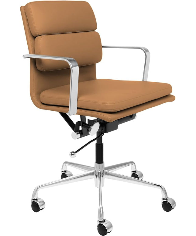 Laura Davidson Furniture SOHO II Padded Management Office Chair - Mid Back Desk Chair with Arm Rest, Swivel & Cushion Availability, Made of Faux Leather, Tan, Computer Chair