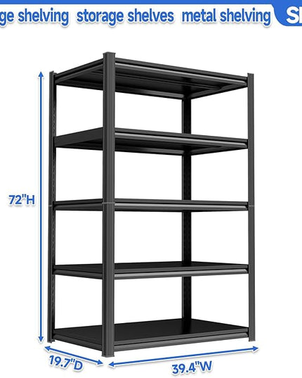 72" H Storage Shelves Heavy Duty 3000LBS Metal Garage Shelving 5 Tier Shelving Unit Adjustable Metal Shelf for Basement, Warehouse, Pantry, Closet, Kitchen 72" H x 39.4" W x 19.7" D, Black