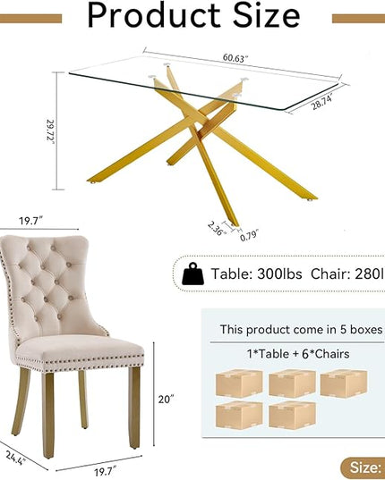 Modern 7-Piece Glass Dining Table Set for 6, Modern 60" Rectangle Gold Glass Dining Room Table Set with Beige Velvet Tufted Chairs Wood Legs for Kitchen Dining Room