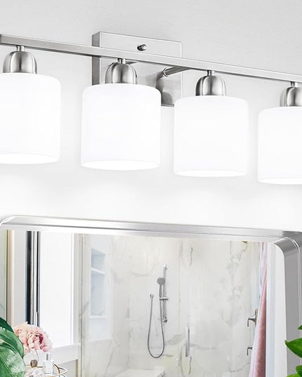 4 Light Bathroom Light Fixtures, Brushed Nickel Vanity Lights for Bathroom with Milky White Frosted Glass Shade, Wall Lights for Mirror Bedroom Living Room E26 Base