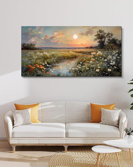 hyidecorart Vintage Farmhouse Wildflower Wall Paintings Canvas Wall Art for Living Room Wall Decor for Bedroom Office Decorations Nature Landscape Picture Artwork Aesthetic Home Decor Ready To Hang