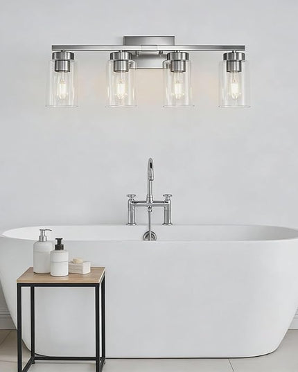 4-Light Bathroom Light Fixtures, Nickel Modern Vanity Lights Over Mirror, Bathroom Wall Sconces with Clear Glass Shade for Living Room Bedroom Hallway Cabinet Porch