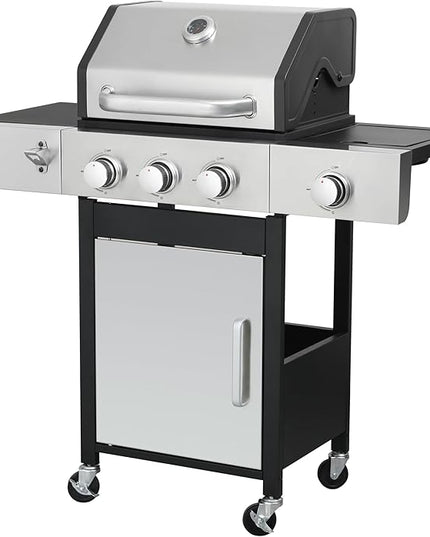 3-Burner Propane Gas Grill with Side Burner, 37,230 BTU Stainless Steel BBQ Grill with Enamel Cast Iron Grates, Warming Rack & Locking Wheels for Outdoor Patio