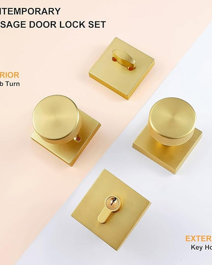 Gold Round Exterior Door Knob with Single Cylinder Deadbolt Lock Set, Fits Standard US Size Doors, Easy To Install, Deadbolt Lock for Left or Right Handed Use