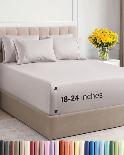 Extra Deep Queen Sheet Set - 6 Piece Breathable & Cooling Sheets - Hotel Luxury Bed Sheets Set - Easy & Secure Fit - Soft, Wrinkle Free & Comfy Sheets Set - Light Grey Sheet Set w/Extra Deep Pockets