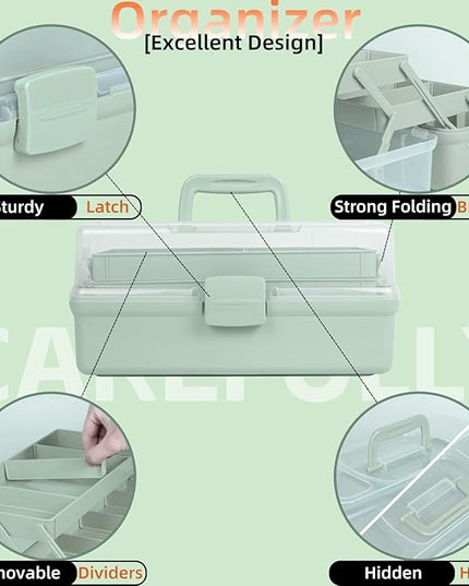 14in 3-Layer Multipurpose Craft Organizers and Storage with Adjustable Dividers, Portable Tackle Box, Folding Art & Craft Case for Medicine, Tool, Sewing Organizer (Haze Green, X-Large)