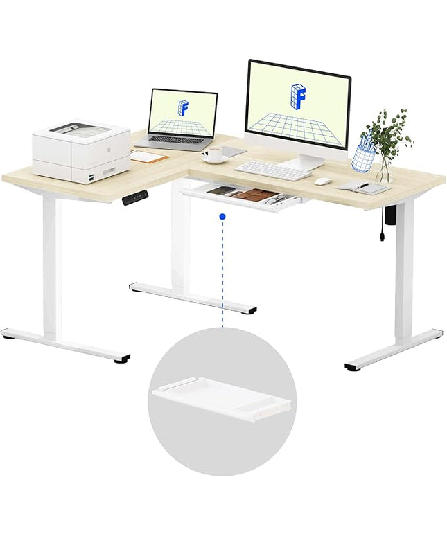 FLEXISPOT L Shaped Standing Desk, 63 x 47 Inch Electric Height Adjustable Corner Desk, Sit Stand Computer Workstation, Preset Controller, Home Office, White Frame with Maple Top, White Drawer