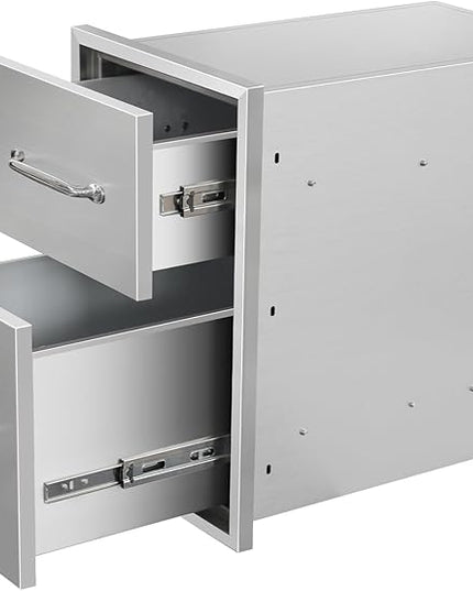 Outdoor Kitchen Drawers 14" W x 21" H x 21" D Flush Mount Double BBQ Drawers with Chrome Handle Stainless Steel Drawer for Outdoor Kitchen Island, Patio Grill Station