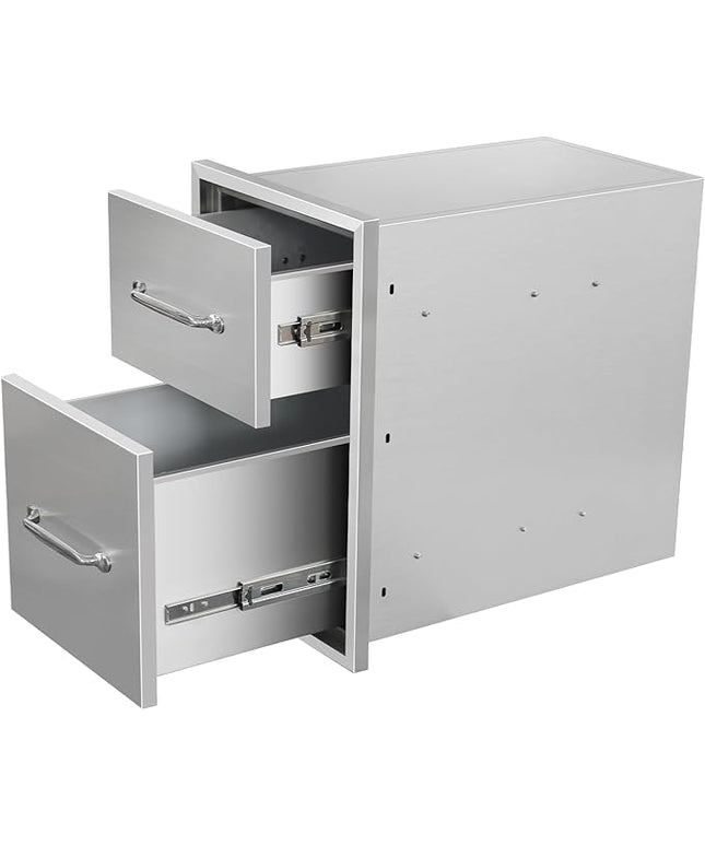 Outdoor Kitchen Drawers 14" W x 21" H x 21" D Flush Mount Double BBQ Drawers with Chrome Handle Stainless Steel Drawer for Outdoor Kitchen Island, Patio Grill Station