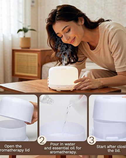 Essential Oil Diffuser 500ml,Aromatherapy Diffuser with 7 LED Lights,Quiet Air Humidifier 4-in-1 with Timer & Auto-Off,Compact Scent Diffuser for Bedroom,Yoga,SPA,Baby Room(Basic Edition)