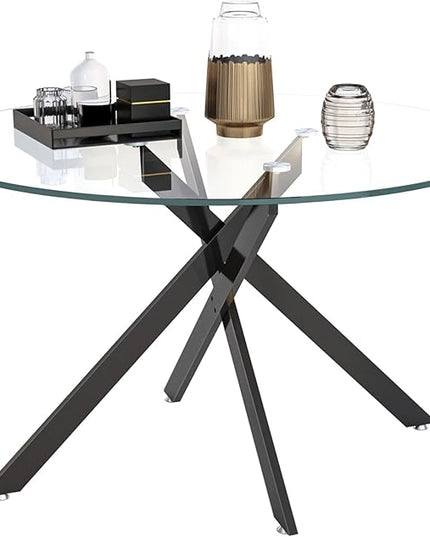 HomVent 7 Piece Round Glass Dining Table Set, Tempered Glass Dinner Table Set for 6 Kitchen Table Set with 6 Velvet Upholstered Chairs for Kitchen Dining Room
