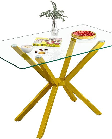 47.24" Rectangular Glass Dining Table Modern Kitchen Glass Top Table for 4 with Gold Metal Legs, Clear Dining Table Kitchen Table for Home Office Dining Room