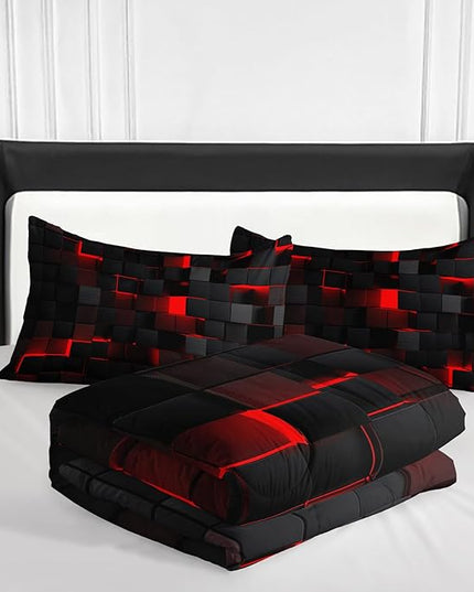 Geometric Red Black Comforter Set,Light Honeycomb 3 Piece Bedding Set King Size for Teen Boys,Modern Bedding Quilt Set Geometry Decor,Microfiber Lightweight 1 Comforter 2 Pillowcases All Season