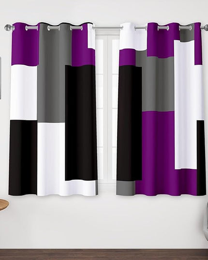 Purple 100% Blackout Curtains for Bedroom 45 inch Length 2 Panels Set Grey Modern Abstract Geometric Black Out Curtains Insulated Room Darkening Window Drapes for Living Room, 52Wx45L