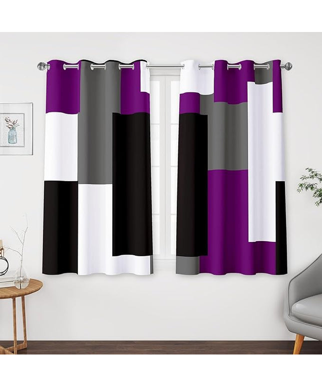 Purple 100% Blackout Curtains for Bedroom 45 inch Length 2 Panels Set Grey Modern Abstract Geometric Black Out Curtains Insulated Room Darkening Window Drapes for Living Room, 52Wx45L