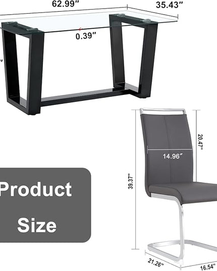 Ebullient Glass Dining Table Set for 6, Modern Dining Table Set for 6, Tempered Glass Tabletop with White MDF Trapezoid Legs, Rectangle Kitchen Table with 6 Faux Leather Chairs for Home, Apartment