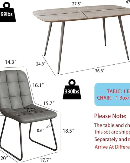 47''Dining Table Set for 4,Modern Wood Dining Table,Leather Dining Chairs 4,Table and Chairs Set of 4,Ideal for Kitchen Dining Room (Gray Table + 4 U-Shaped Gray Chairs, 47.2")