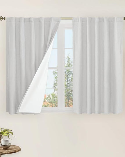 LAMIT 100% Blackout Short Linen Curtains, 40 Inch Length Linen Textured Thermal Curtains Back Tab and Rod Pocket Neutral Panels with White Liner for Kitchen/Windows, 2 Panels, 42 x 40 Inch, Light Grey