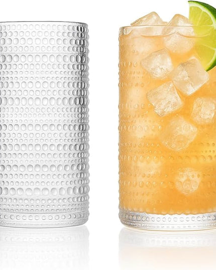 LEMONSODA Hobnail Highball Glasses Set of 2 – Vintage Clear Drinking Glass Cups 15oz – Textured Tall Retro Glassware Tumblers for Water, Iced Coffee, Cocktails, Soda, Juice (Highball 15oz, Set of 2)
