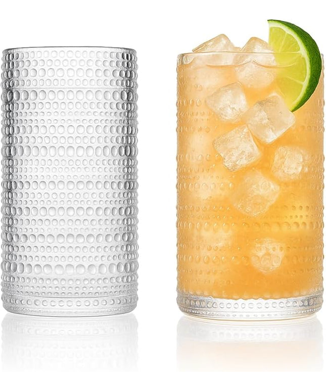 LEMONSODA Hobnail Highball Glasses Set of 2 – Vintage Clear Drinking Glass Cups 15oz – Textured Tall Retro Glassware Tumblers for Water, Iced Coffee, Cocktails, Soda, Juice (Highball 15oz, Set of 2)