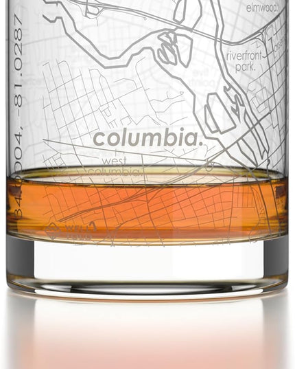 Well Told Engraved Columbia South Carolina Map Rocks Glass, Old Fashioned Glassware (11 oz, Clear) Etched Bourbon Tumbler, Gifts For Whiskey Lovers
