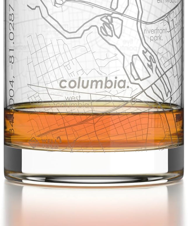 Well Told Engraved Columbia South Carolina Map Rocks Glass, Old Fashioned Glassware (11 oz, Clear) Etched Bourbon Tumbler, Gifts For Whiskey Lovers