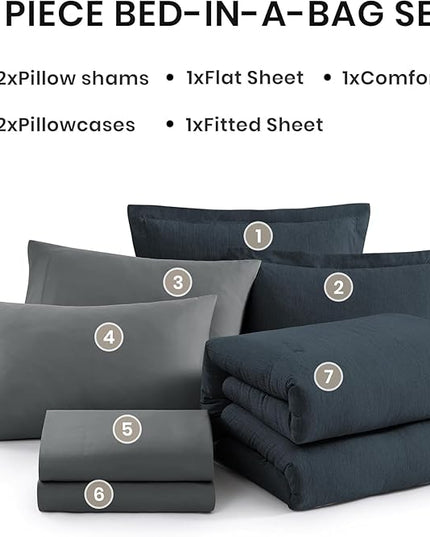 Monbix California King Comforter Set - 7 Pieces Cationic Dyeing Navy Blue Bed in a Bag Cal King Bedding Sets with Comforter, Sheets, Pillowcases & Shams, Reversible Bedding Comforters Sets(108 * 92)