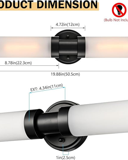 Modern Black Glass Wall Sconce 2-Light Cylinder Bathroom Wall Light Fixtures 20-Inch Frosted Glass Sconces Wall Lighting for Bedroom Living Room Hallway