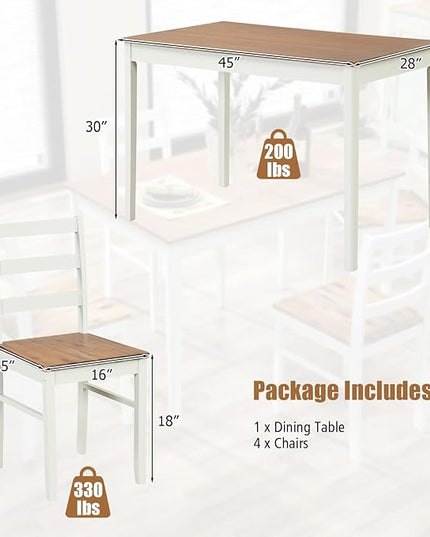 Tangkula Dining Table Set for 4, Solid Wood, Farmhouse Dinette Set w/Rubber Wood Legs, Mid-Century Modern, Compact Dining Table and Chairs Set for Kitchen, Dining Room (Brown+White)