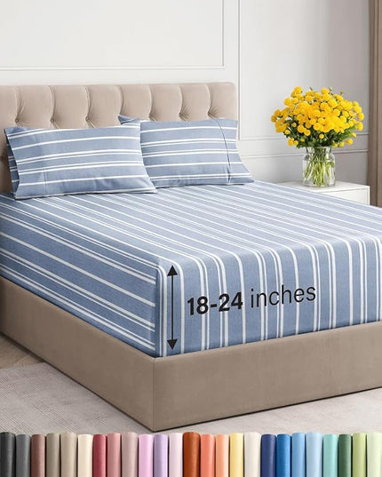 Extra Deep Twin XL Sheet Set - 4 Piece Breathable and Cooling Sheets - Hotel Luxury Bed Sheets Set - Easy Fit - Soft, Wrinkle Free and Comfy Sheets Set - Blue Striped Sheet Set with Extra Deep Pockets