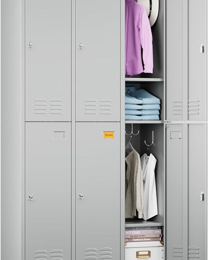Aobabo Metal Locker for Employees, 6 Doors Metal Locker Cabinet with Lock, Industrial Storage with 18 Hooks, Storage for Office, Gym, Dormitory, Assembly Required, Light Grey