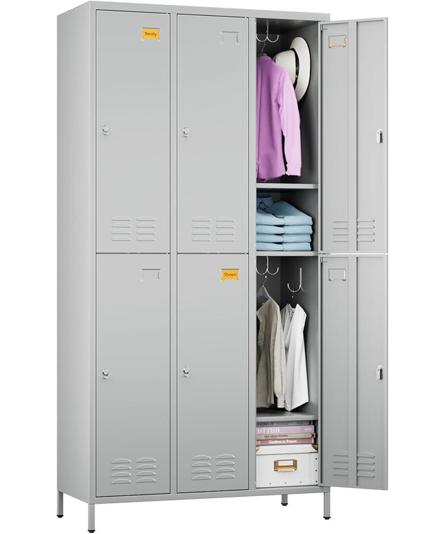 Aobabo Metal Locker for Employees, 6 Doors Metal Locker Cabinet with Lock, Industrial Storage with 18 Hooks, Storage for Office, Gym, Dormitory, Assembly Required, Light Grey