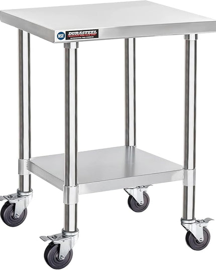 DuraSteel 30x18 NSF Stainless Steel Cart Work Table - Heavy Duty Rolling Food Prep Table - Metal Utility Cart on Wheels Caster, Grill Stand Microwave Outdoor Kitchen Tables Countertop Island Large Top