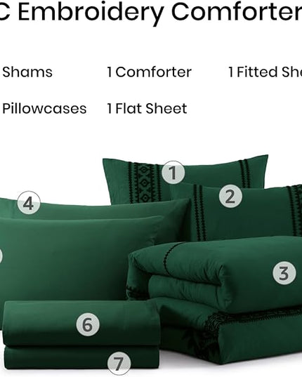 MaiRêve Embroidery Comforter Set, Boho Farmhouse Western Bedding Set, All Season Bed in A Bag Comforter Set with Sheets, Pillowcases & Shams, Emerald Green Queen 7 Pieces