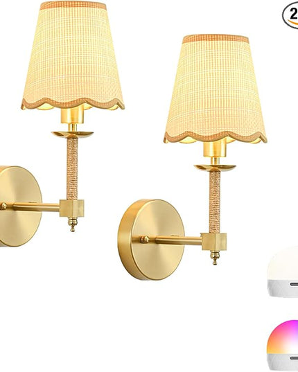 Boho Battery Operated Wall Sconce Set of 2, Medium Wireless Rechargeable Wall Lights with Rattan Shade, 12 RGB and 3CCT Dimmable Cordless Wall Lamps with Remote for Living Room