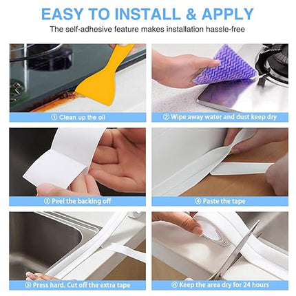 2 Rolls Caulk Tape Self Adhesive, Bathroom Waterproof White Caulking Sealant Strip Peel & Stick Wallpaper Floor Tile Toilet Tub Sink Backsplash Kitchen Wall Decor, Easier to Use Than Silicone Caulk