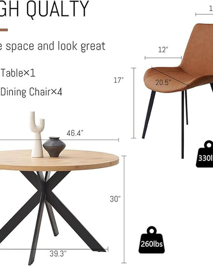 46.4" Round Dining Table Set, Mid Century Modern Round Dining Table for 4-6 Person, w/Steel Legs, Coffee Table for Kitchen Dining Room, Office, Save Space (1 Table with 4 Brown Chairs)