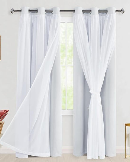 Hiasan Blackout Curtains with Sheer Overlay, Thermal Insulated Privacy Mix & Match Double Layer Window Curtains for Girls Bedroom, Living Room, 2 Drape Panels with Tiebacks, Greyish White, 42W X 84L